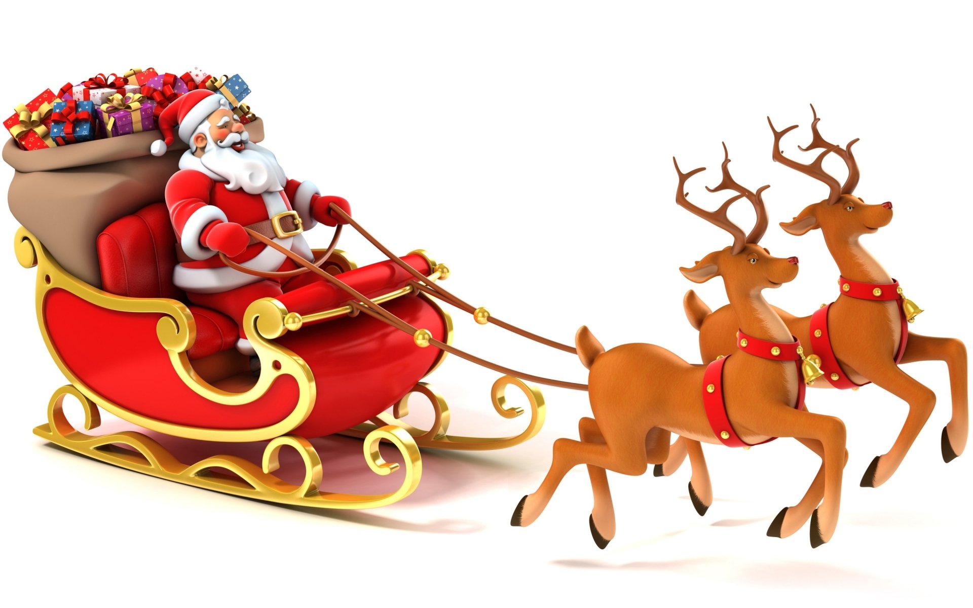 3D HD desktop wallpaper featuring Santa Claus in a red sleigh filled with gifts, pulled by two reindeer, capturing the festive spirit of Christmas and the holiday season.