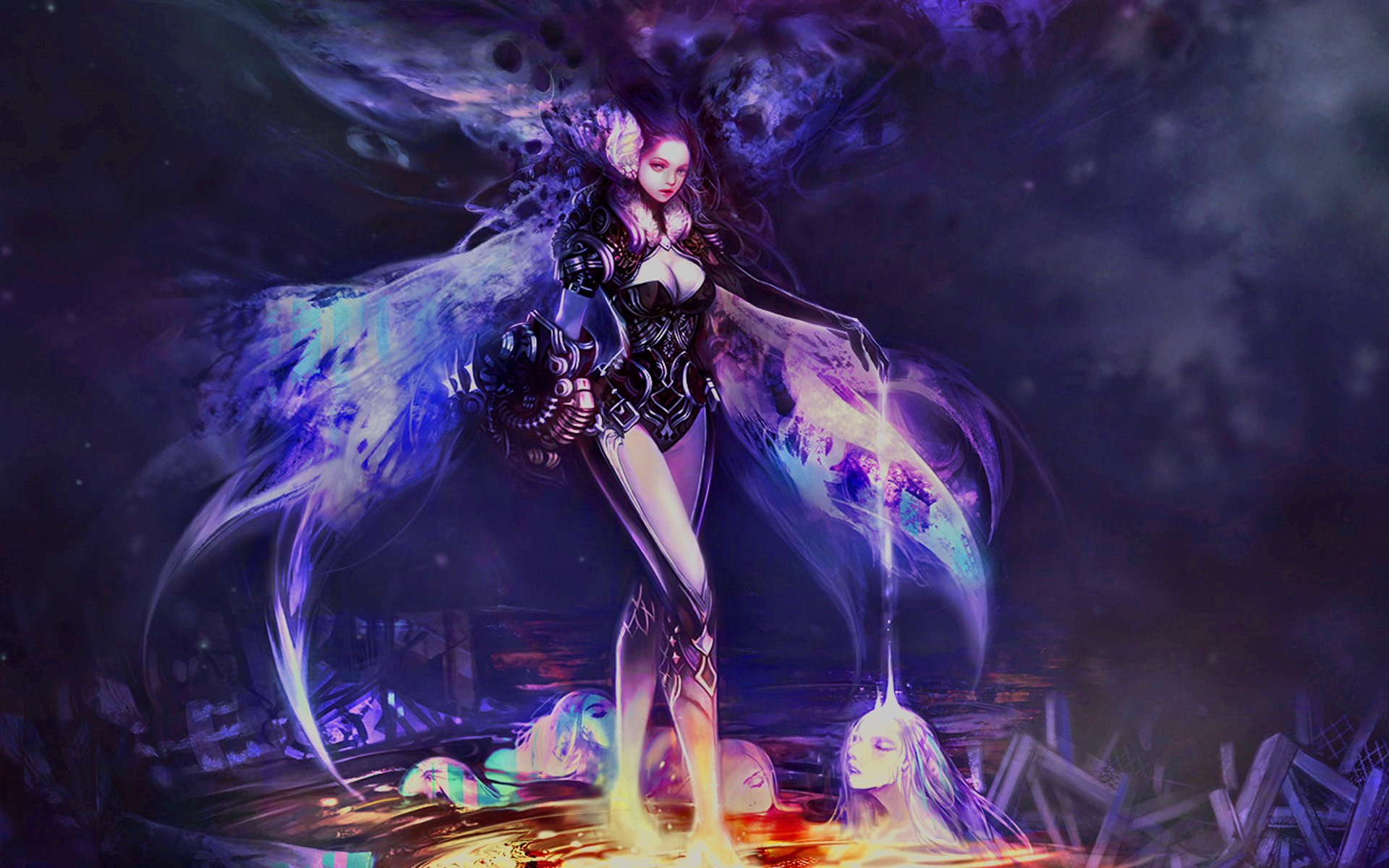 A dark fantasy scene featuring a powerful figure standing amidst mystical elements, with vibrant colors and ethereal effects, designed as an HD PC desktop wallpaper and background.