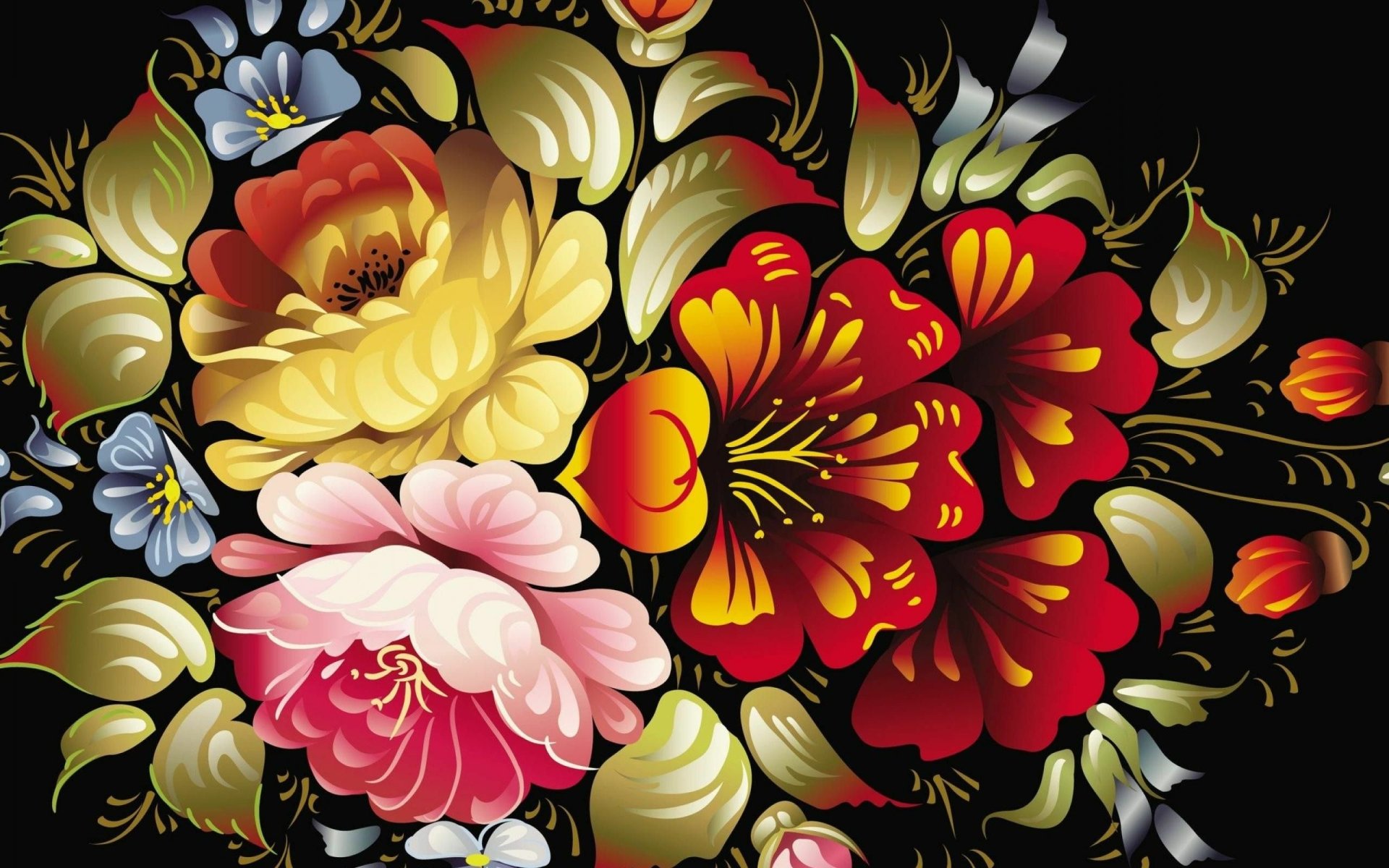 A vibrant HD desktop wallpaper featuring an artistic arrangement of colorful flowers on a black background, showcasing intricate details and rich hues.
