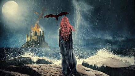 HD desktop wallpaper of Daenerys Targaryen from Game of Thrones, depicted with a dragon in a stormy seaside landscape with a burning castle in the background.