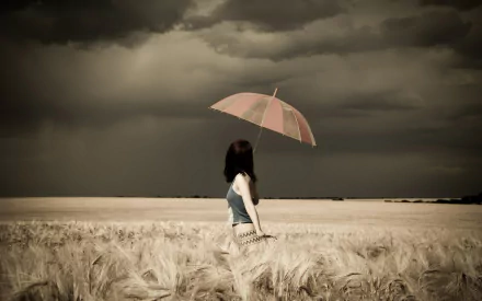 HD wallpaper of a woman in a field holding an umbrella under a moody, overcast sky.