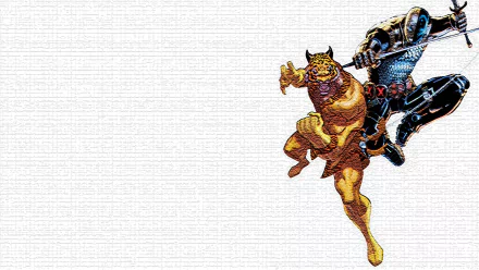 HD PC desktop wallpaper featuring Bronze Tiger from comics in an action pose, set against a textured white background.