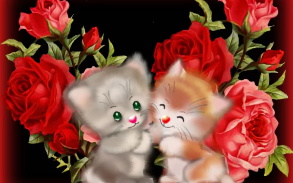 HD PC desktop wallpaper featuring two cute animated cats cuddling in front of vibrant red and pink roses on a black background.