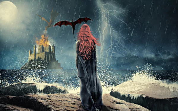 HD desktop wallpaper of Daenerys Targaryen from Game of Thrones, depicted with a dragon in a stormy seaside landscape with a burning castle in the background.