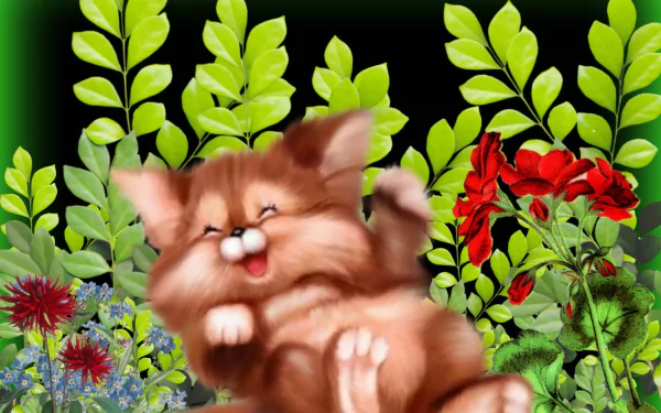 HD desktop wallpaper featuring a playful animated dog surrounded by vibrant green leaves and colorful flowers.