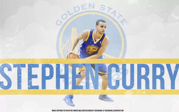 HD desktop wallpaper of Stephen Curry in Golden State Warriors uniform, with his name boldly displayed. Background features the team's logo.