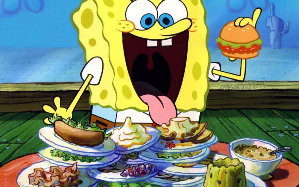 SpongeBob SquarePants excitedly holds a burger while surrounded by various plates of food in this HD desktop wallpaper and background from the TV show.