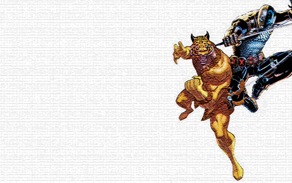 HD PC desktop wallpaper featuring Bronze Tiger from comics in an action pose, set against a textured white background.
