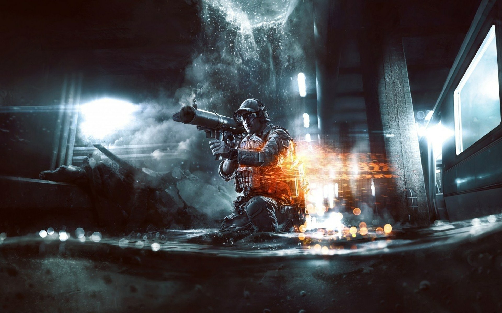 HD PC desktop wallpaper featuring intense combat from the video game Battlefield 4, with a soldier aiming a weapon amid dark, smoky, and fiery urban warfare.