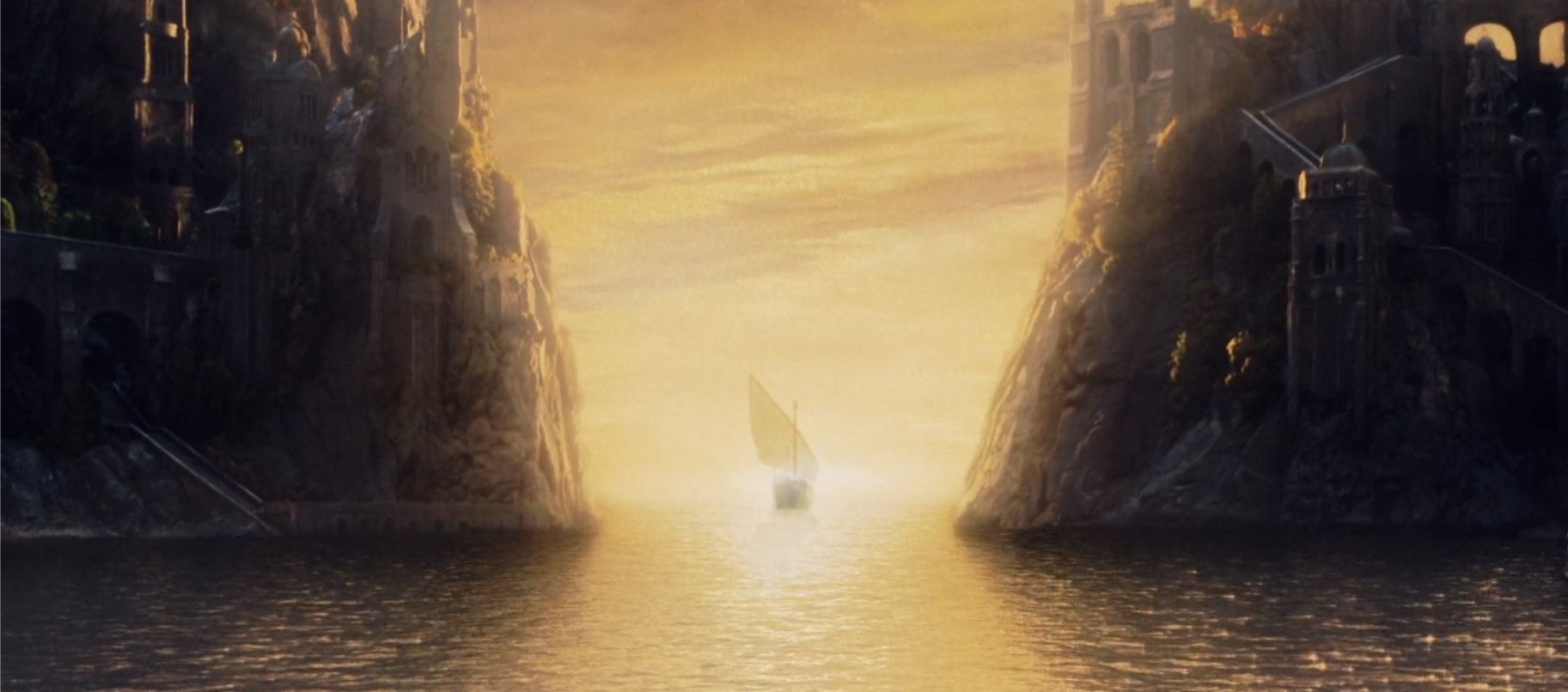 A serene view of the Grey Havens from *The Lord of the Rings*, featuring a sailboat navigating through a golden-hued seascape framed by rocky cliffs and a tranquil atmosphere.