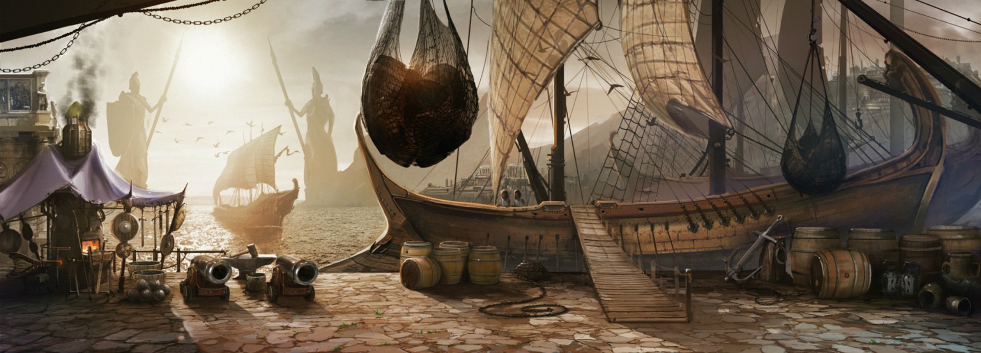 A stunning HD desktop wallpaper depicting a fantasy scene inspired by The Lord of the Rings, featuring ships docked at a serene harbor with majestic sails and a distant silhouette.
