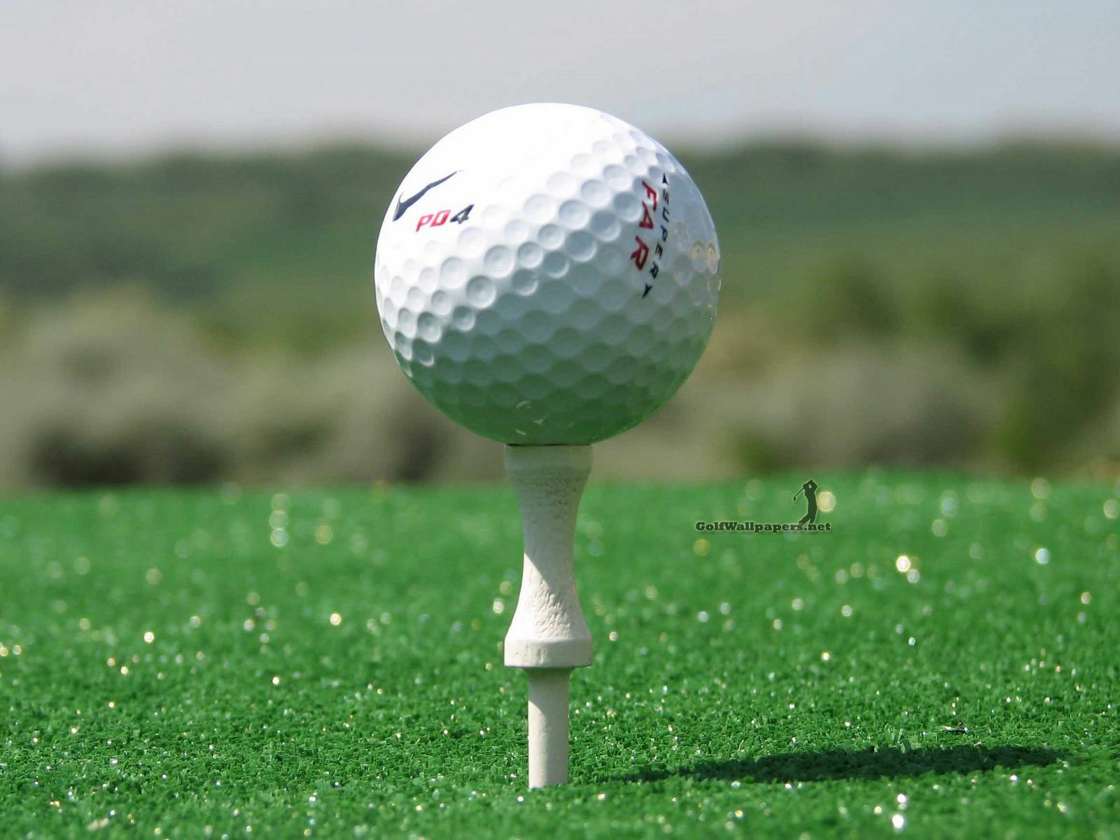 Golf ball on a tee over green grass with a blurred fairway — sports golf HD PC desktop wallpaper and background.