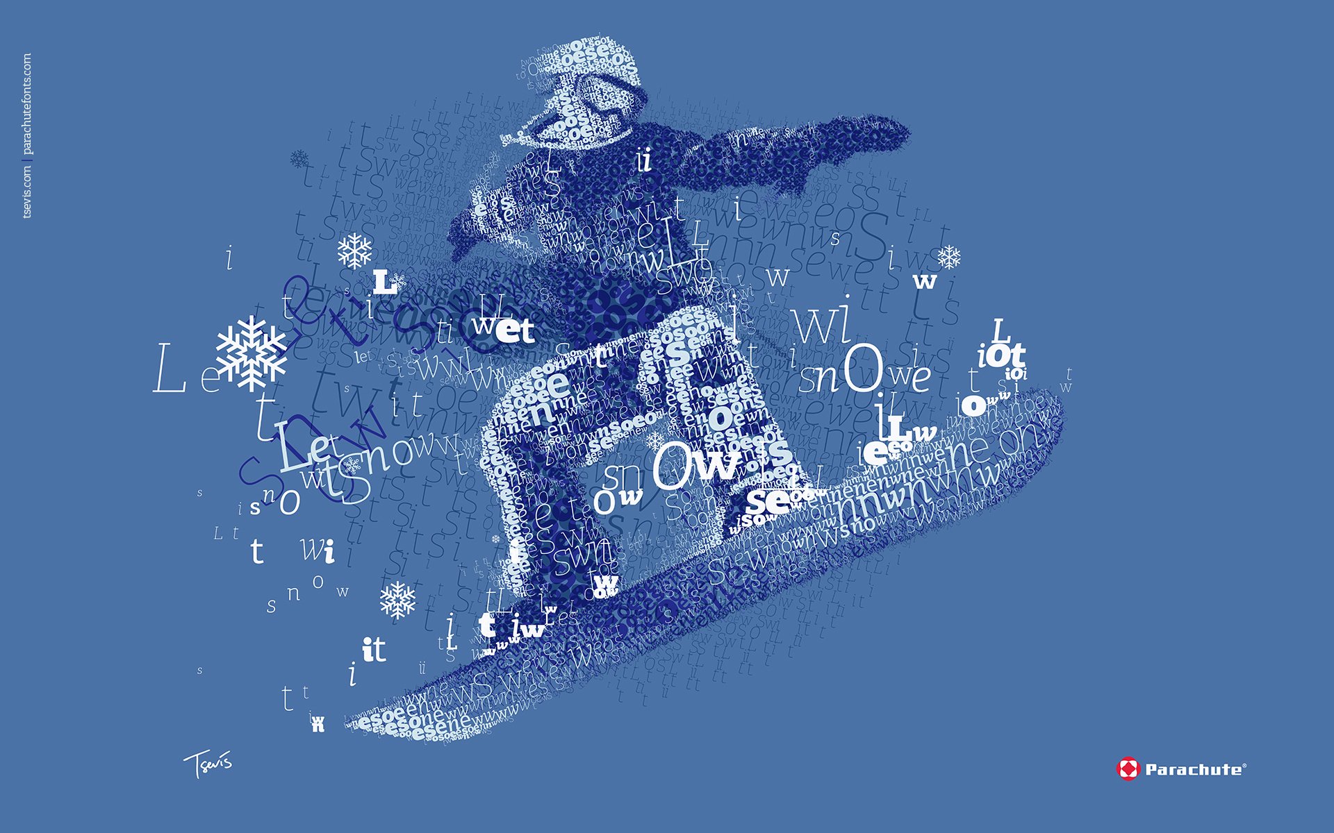 Artistic typography design of a snowboarder formed by scattered letters and words on a blue background, creating a dynamic HD PC desktop wallpaper.
