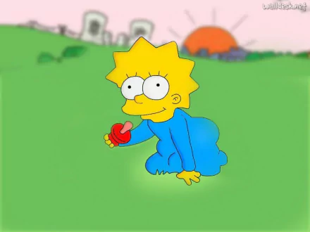 Maggie Simpson from The Simpsons crawling on green grass, wearing a blue onesie and holding a red pacifier — HD PC desktop wallpaper/background.