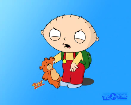 HD desktop wallpaper featuring Stewie Griffin from the TV show Family Guy holding his teddy bear against a blue background.