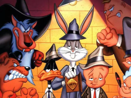 A colorful HD desktop wallpaper featuring iconic Looney Tunes characters: Porky Pig, Daffy Duck, and Bugs Bunny, all dressed in detective attire amidst a dramatic background.