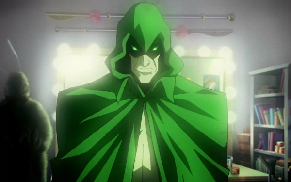 HD PC desktop wallpaper of The Spectre from DC Comics, featuring the comic character in a glowing, shadowed room with a green hooded cloak.