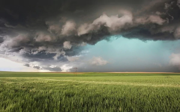 HD desktop wallpaper of a vast green field under dark, swirling storm clouds with a break of bright blue sky in the distance, capturing dramatic natural scenery.