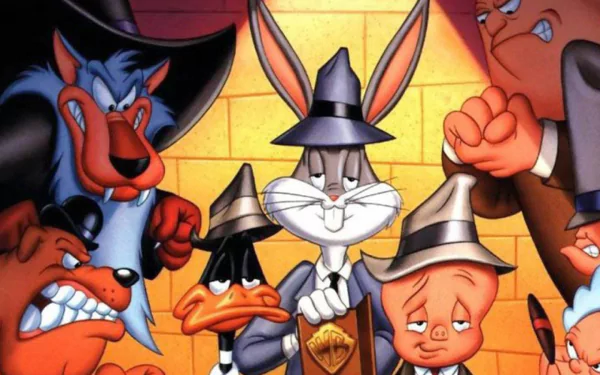 A colorful HD desktop wallpaper featuring iconic Looney Tunes characters: Porky Pig, Daffy Duck, and Bugs Bunny, all dressed in detective attire amidst a dramatic background.