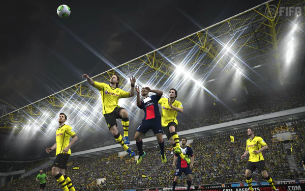 4K Ultra HD FIFA 14 video game wallpaper showing dynamic soccer action with players jumping for the ball in a brightly lit stadium packed with fans.