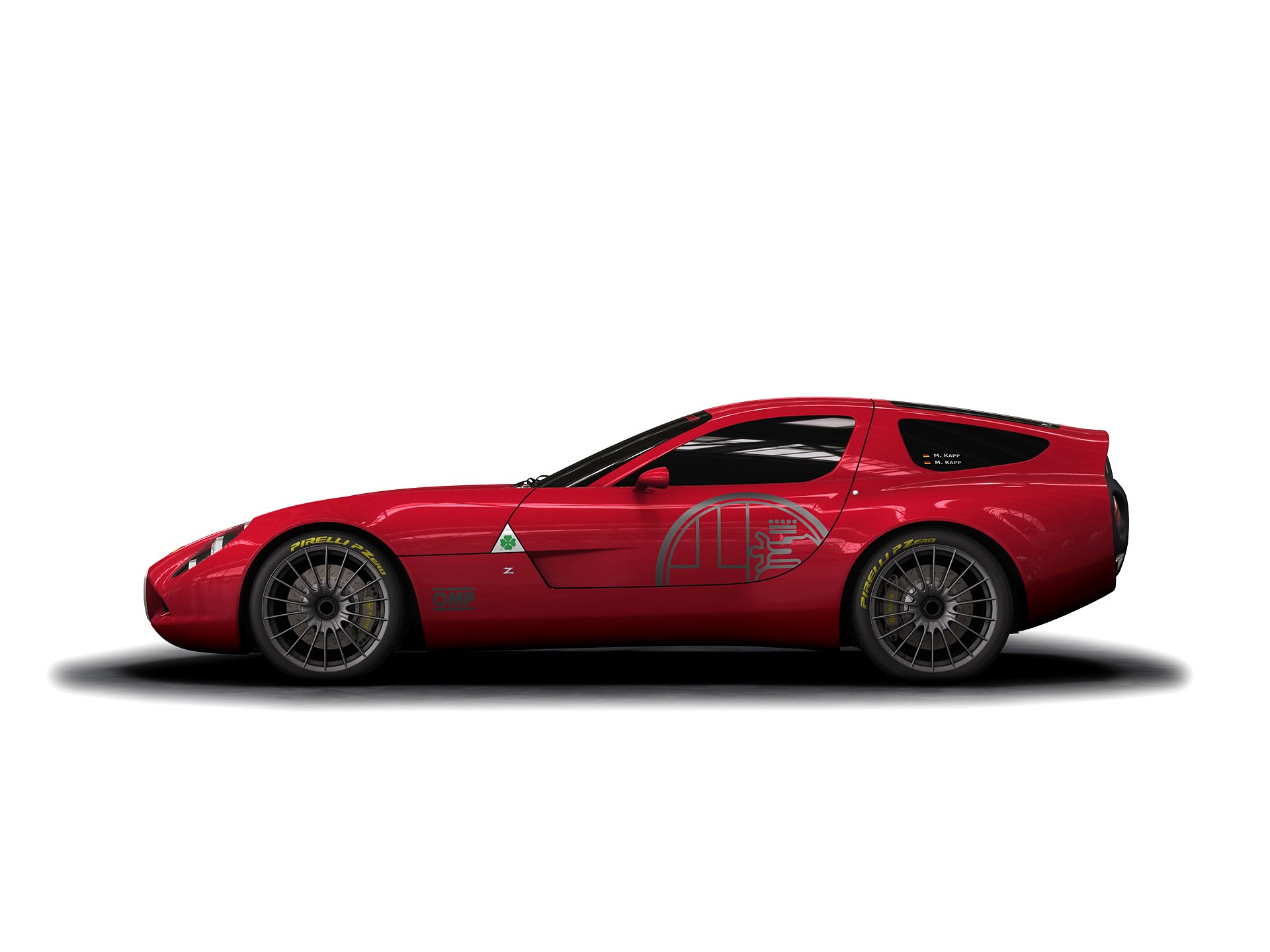 HD desktop wallpaper featuring a red Alfa Romeo Zagato TZ3 sports car in profile against a white background.