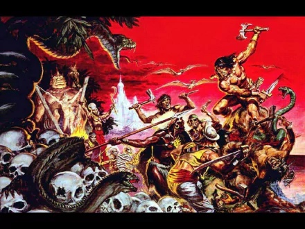 A vibrant HD wallpaper featuring Conan the Barbarian in an epic battle scene, surrounded by mythical creatures and skulls, set against a dramatic red sky.