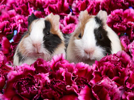 A vibrant HD desktop wallpaper featuring two adorable guinea pigs nestled among a bed of bright pink flowers, creating a cheerful and lively atmosphere.