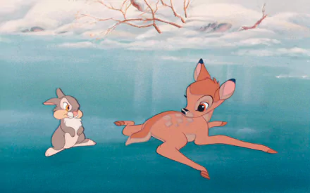 HD PC desktop wallpaper featuring a scene from the movie Bambi with Bambi and Thumper on a frozen, snowy surface.