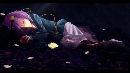 HD desktop wallpaper of Satori Komeiji from Touhou, depicted with purple hair, floating in water surrounded by petals, with a serene expression.