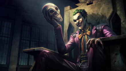 The image features the Joker from the video game Injustice: Gods Among Us, depicted in a dark setting, holding a skull, showcasing his iconic menacing grin.