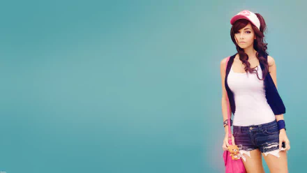 HD desktop wallpaper featuring a woman in cosplay with a white tank top, denim shorts, and a red and white cap against a solid teal background.
