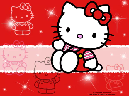 HD desktop wallpaper featuring Hello Kitty, with a cute red and pink background adorned with sparkling stars and various Hello Kitty illustrations. Anime themed and visually vibrant.
