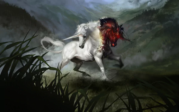 HD desktop wallpaper featuring a fantasy scene with a white unicorn galloping through a misty forest, its mane flaring in vibrant red hues.