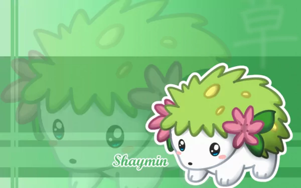 A vibrant HD wallpaper featuring Shaymin, the grass-type Pokémon, from the anime series. The image showcases Shaymin's cute design against a soft green background.
