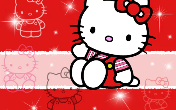 HD desktop wallpaper featuring Hello Kitty, with a cute red and pink background adorned with sparkling stars and various Hello Kitty illustrations. Anime themed and visually vibrant.