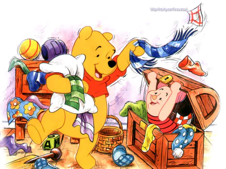 HD desktop wallpaper featuring Winnie the Pooh and Piglet sorting through a chest of toys and clothing, in a colorful and playful illustration from the TV show.