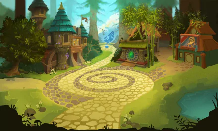 A vibrant HD background depicting a whimsical path winding through a lush landscape with houses, trees, and playful elements from the video game Animal Jam.