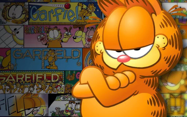 A vibrant HD desktop wallpaper featuring Garfield, the iconic orange cat, with a playful expression and a backdrop of colorful comic panels showcasing the character's adventures.