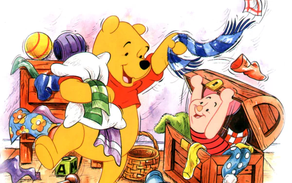 HD desktop wallpaper featuring Winnie the Pooh and Piglet sorting through a chest of toys and clothing, in a colorful and playful illustration from the TV show.