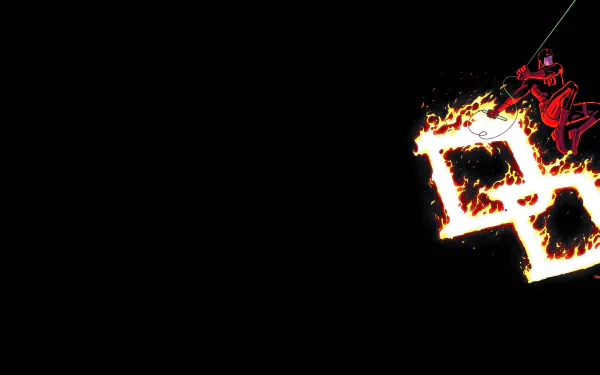 HD desktop wallpaper featuring a fiery Daredevil logo with Matt Murdock's silhouette, set against a black background inspired by the comic series.