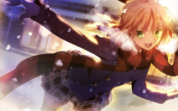 Anime Fate/Stay Night Fate Series Saber Fate Glove Skirt Scarf Green Eyes Smile Thigh Highs Orange Hair Hiver Jacket Fond d'écran HD | Image