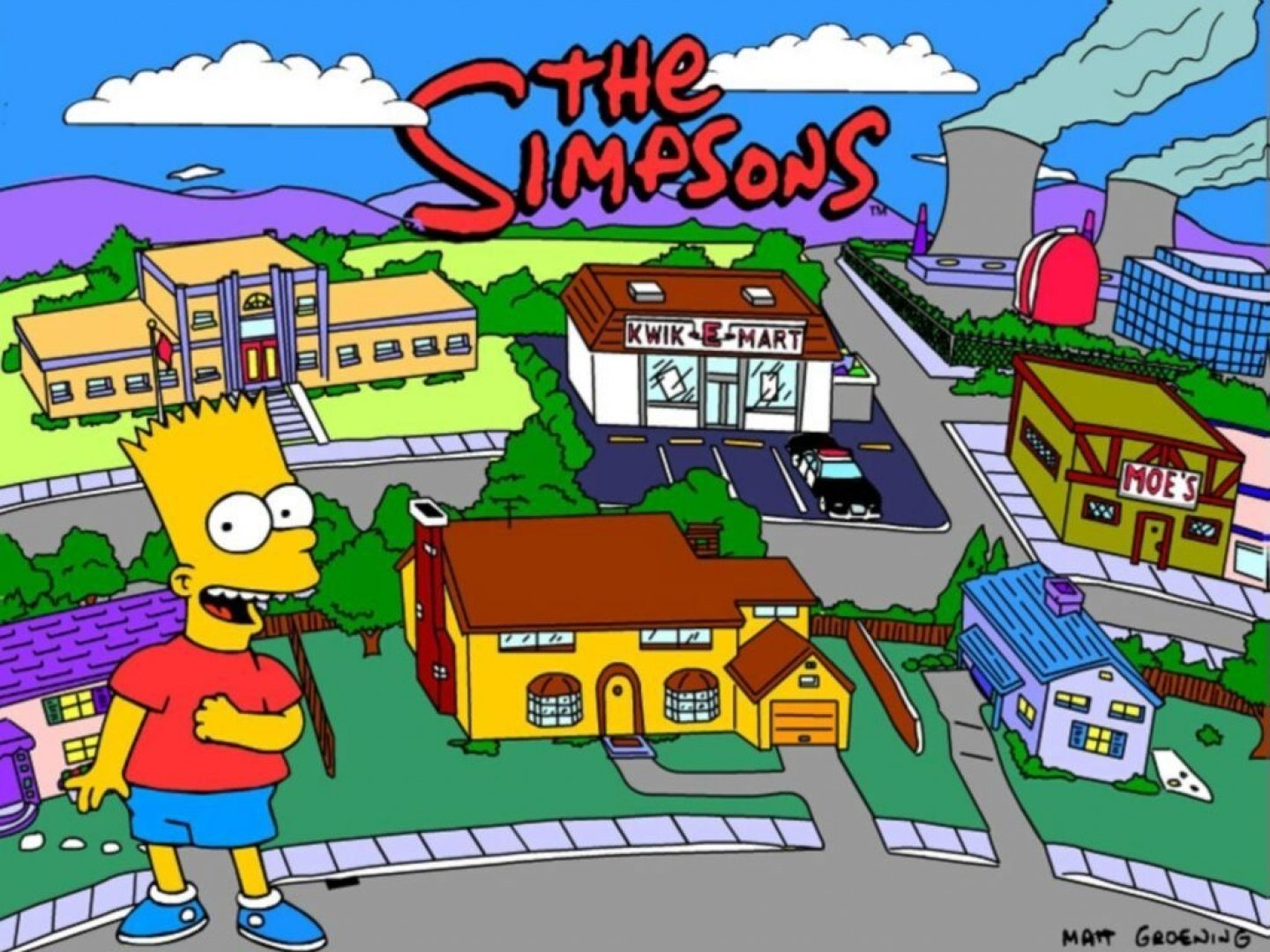 HD PC wallpaper of Bart Simpson from the TV show The Simpsons standing before Springfield with the Simpsons house, Kwik-E-Mart, Moe's and the show's logo.
