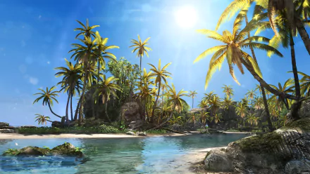 HD desktop wallpaper and background from Assassin's Creed IV: Black Flag, depicting a bright, sunny day on a tropical beach with clear blue waters and lush palm trees.