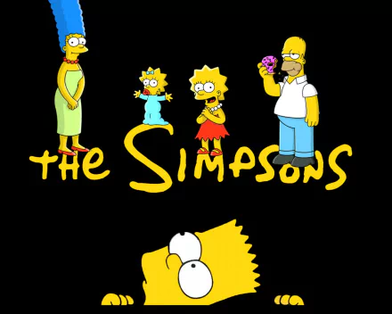 HD PC desktop wallpaper featuring the Simpsons family—Marge, Maggie, Lisa, Bart, and Homer—above the iconic yellow The Simpsons logo on a black background.