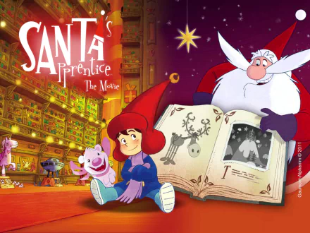 HD PC desktop wallpaper from the movie Santa's Apprentice, featuring animated Santa and a young apprentice reading a magical book in a festive workshop setting.