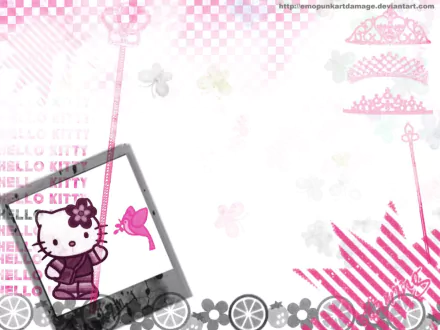 HD desktop wallpaper featuring a Hello Kitty theme with a stylized Hello Kitty character in purple on a patterned background with pinks and greys.