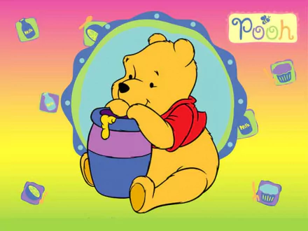A vibrant HD desktop wallpaper featuring Winnie the Pooh contentedly sitting beside a honey pot, surrounded by playful icons and a cheerful background.
