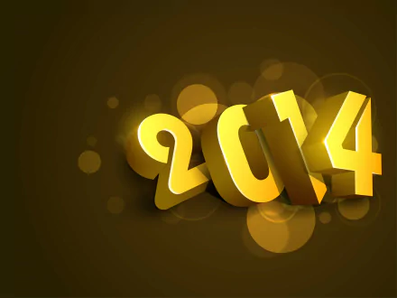 HD PC desktop wallpaper featuring bold golden 2014 numbers against a dark background with glowing circular highlights, celebrating the New Year holiday.