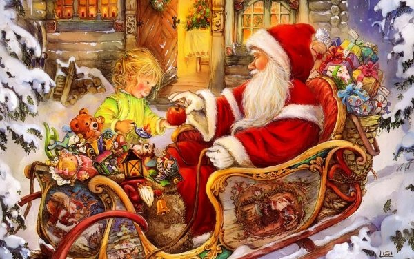 Día festivo Navidad Santa Juguete Niño Sleigh Fondo de pantalla HD | Fondo de Escritorio