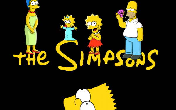 HD PC desktop wallpaper featuring the Simpsons family—Marge, Maggie, Lisa, Bart, and Homer—above the iconic yellow The Simpsons logo on a black background.